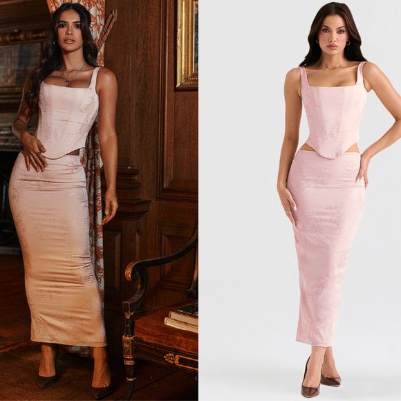 House of CB ‘Luisette’ Pink Metallic Floral Satin Midi Skirt NWOT - Picture 6 of 12